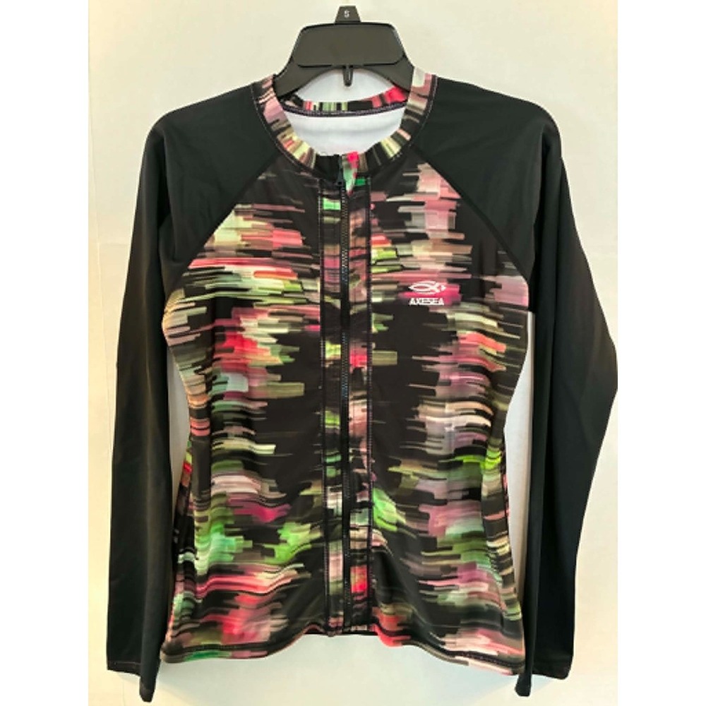 Axesea Womens Size 12 UPF 50+ Zip Front Rash Guard Swim Top Black Long Sleeve